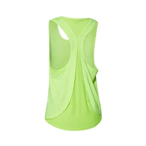 Canotta sportiva neon verde da donna, dorso vogatore con rete traspirante per fitness.
