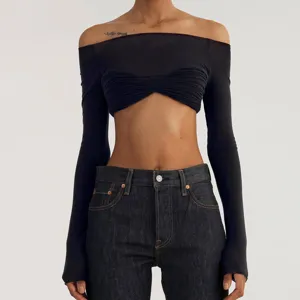 Sexy long sleeve off shoulder crop top for women solid color slim fit streetwear stylish apparel.