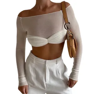 Sexy off-shoulder sheer long sleeve top with bandeau and white high waist trousers set.