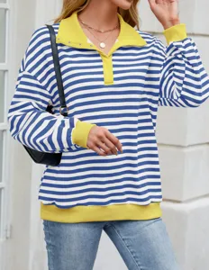 Detailed view of casual striped sweatshirt with yellow lapel and long sleeves for women