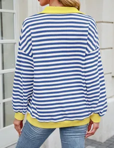 Back view of a casual blue and white striped long sleeve sweatshirt with yellow lapel.