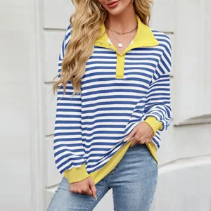 Women's Casual Striped Sweatshirt Loose Polo Collar Long Sleeve Button Pullover Top Polyester Patchwork Contrast Outerwear