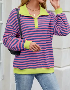 Women casual lapel long sleeve striped sweatshirt, loose color block pullover top.