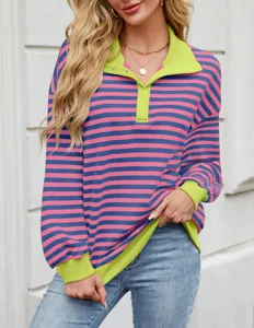 Women casual striped lapel long sleeve sweatshirt loose top for autumn daily wear