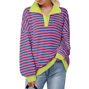 Women casual loose striped polo sweatshirt long sleeve top for autumn fashion wear