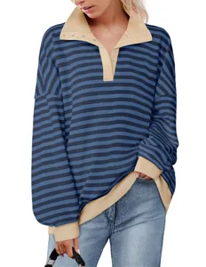 Oversized striped long sleeve polo sweatshirt with contrast lapel and button details for women.