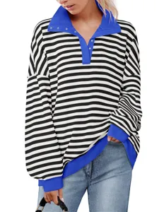 Black and white striped sweatshirt featuring a contrasting blue lapel and cozy long sleeves.