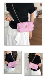 Trendy pink quilted chain shoulder bag for women, glossy PU leather crossbody small square handbag.