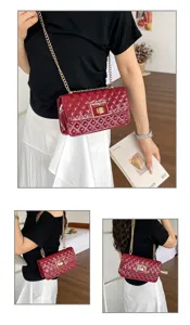 Detailed view of the stylish quilted chain shoulder bag with elegant metallic lock design.