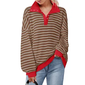 Women's Casual Striped Long Sleeve Polo Collar Button Pullover Sweatshirt Autumn