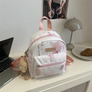 Guochao Style Butterfly Print Mini Backpack For Women Chinese Calligraphy Pattern Casual Fashion Streetwear Schoolbag With Pendant