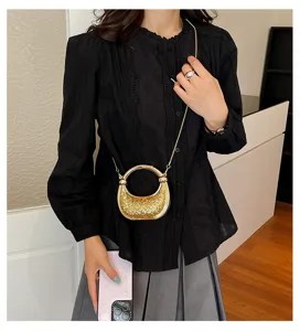 Chic minimalist metal ring glitter crossbody bag, trendy women's shoulder bag for summer commute.