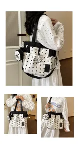 Japanese polka dot canvas shoulder tote bag with cute bear print and small pouch.