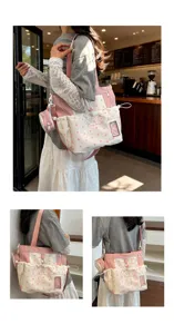 Japanese sweet cute polka dot canvas shoulder bag for women student casual large travel tote bag