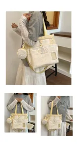 Japanese cute cartoon polka dot canvas shoulder tote bag for student travel detail view.