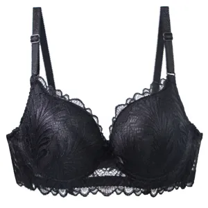 Black lace bra detail featuring delicate floral patterns, adjustable straps and underwire.