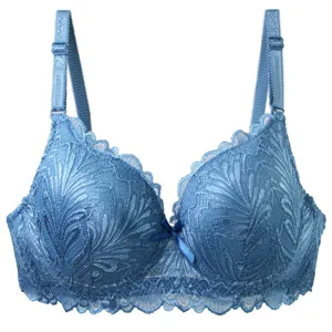 Blue full lace bra for women, sexy french wired underwire intimates lingerie plus size.