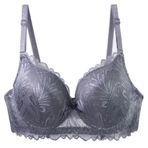 Grey full lace women's bra, French luxury thin cup underwired design for all day comfort.
