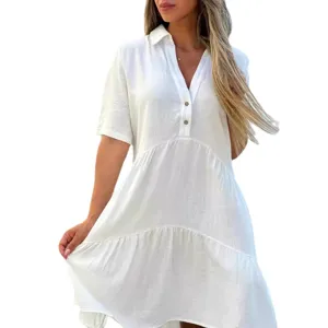 Einfarbiges weisses Revers Freizeit lose A-Linie Kurzarm Baumwolle Leinen Kleid Detail