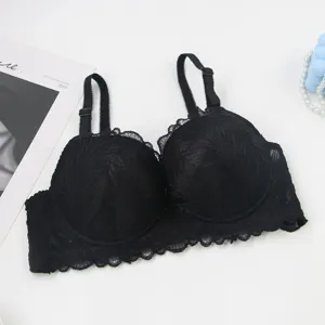 Detailed view of elegant black lace bra with delicate floral pattern and adjustable straps.