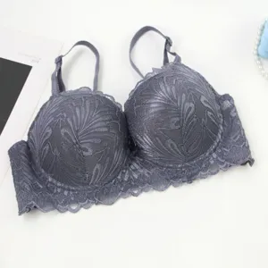 Detailed close-up view of the elegant dark gray full lace women's bra with floral pattern.