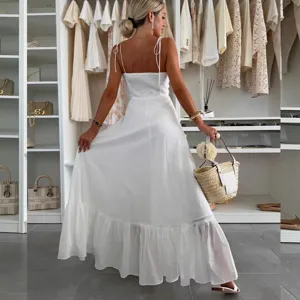 White backless camisole maxi dress, elegant resort style solid color flowy long dress for women.