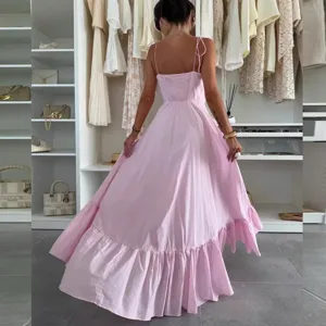 Pink backless maxi dress detail, elegant resort style spaghetti strap ruffles in luxury closet