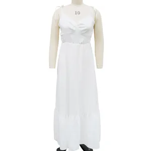 White solid color camisole backless swing maxi dress detail view, elegant summer holiday style.