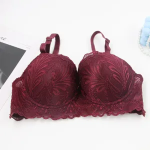 Wine red full lace wired bra, exquisite floral lace fabric, comfortable daily support design.