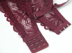 Wine red lace bra detail showing floral pattern, adjustable straps and back hook closure.