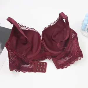 Detailed view of plus size French style wine red lace underwire bra for women elegant lingerie.