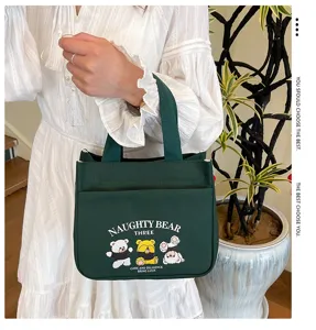Grüne Segeltuch Handtasche mit Bärenprint und großer Kapazität lässige Damentasche.