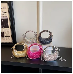 Women Fashion Acrylic Sequin Underarm Bag Metal Ring Handle Crossbody Bag Luxury Sparkling Evening Shoulder Handbag