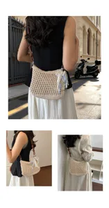 Handmade crochet shoulder bag for women, casual woven mesh crossbody bag with cute pearl charm.