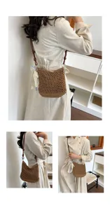 Handwoven crochet shoulder bag for women, stylish casual beach crossbody bucket bag.