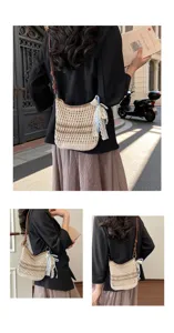 Chic woven shoulder bag for women, featuring stylish leather strap and cute lace bow detail.