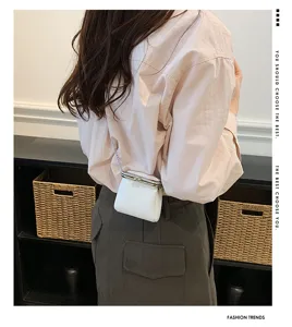 Mini fashion women crossbody kiss-lock bag detail view, stylish white leather chain coin purse.