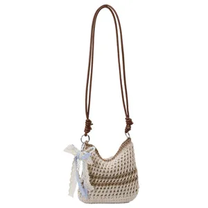 Handmade crochet woven bucket bag for women, stylish casual shoulder crossbody bag with ribbon bow.