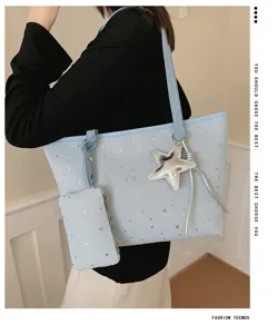 Sternenmuster große Kapazität Tote Bag für Damen, stilvolle Umhängetasche mit Beutel und Stern.