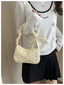 Chic sweet style pleated crescent shoulder bag for women, cute polka dot underarm handbag.