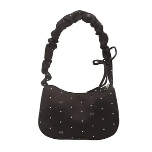 Black hobo bag with white polka dots and scrunchie handle, sweet style shoulder bag for women.