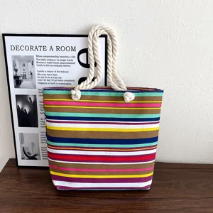 Colorful striped canvas tote bag with thick rope handles for women daily casual commute fashion