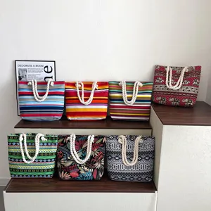 Ethnic style canvas tote bag with rope handle, printed casual shoulder bag for women.