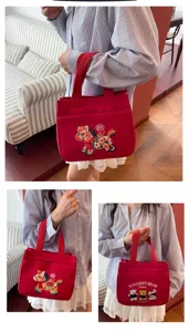 Chinesischer Stil bestickte Segeltuch Tasche, große Kapazität lässige Handtasche mit Bär.