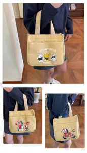 Segeltuch Handtasche mit süßem Bärenmuster und chinesischer Stickerei, große Kapazität.