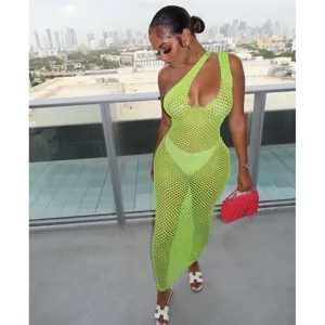 Vestido ajustado de rejilla de un hombro verde neón sexy vestido midi de malla con ropa interior.