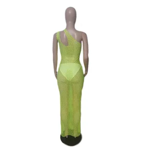 Vestido largo de rejilla verde neón de un hombro con bragas incluidas, detalle trasero