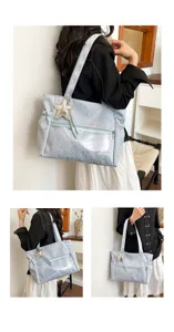 Grande borsa tote coreana con stampa di stelle e una tasca trasparente per donne.