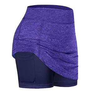 Gonna sportiva viola con pantaloncini interni, skort fitness a vita alta con tasca.