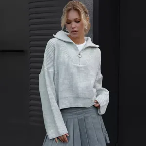 Stijlvolle dames halve rits gebreide trui casual losse lange mouwen top grijs detail